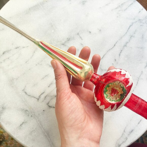 Vintage Poland Indent Red Silver 11" Glass Christmas Tree Topper Feather Medium - Picture 4 of 10